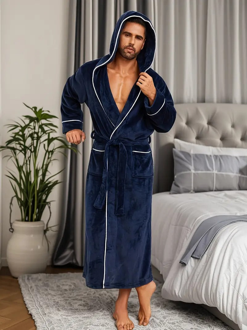 Jude | Men's Hooded Fleece Robe Black Long Bathrobe