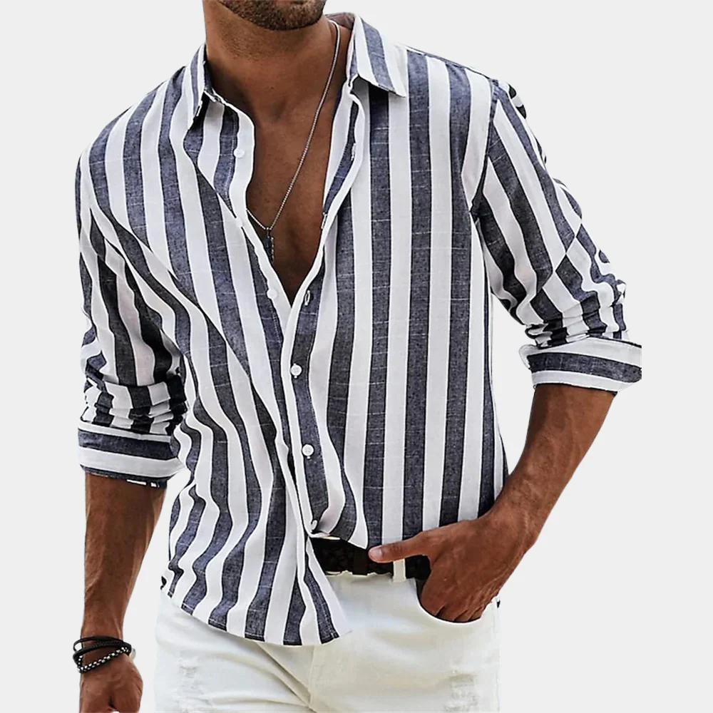 Axel | Men's Linen Striped Button Up Shirt Green White