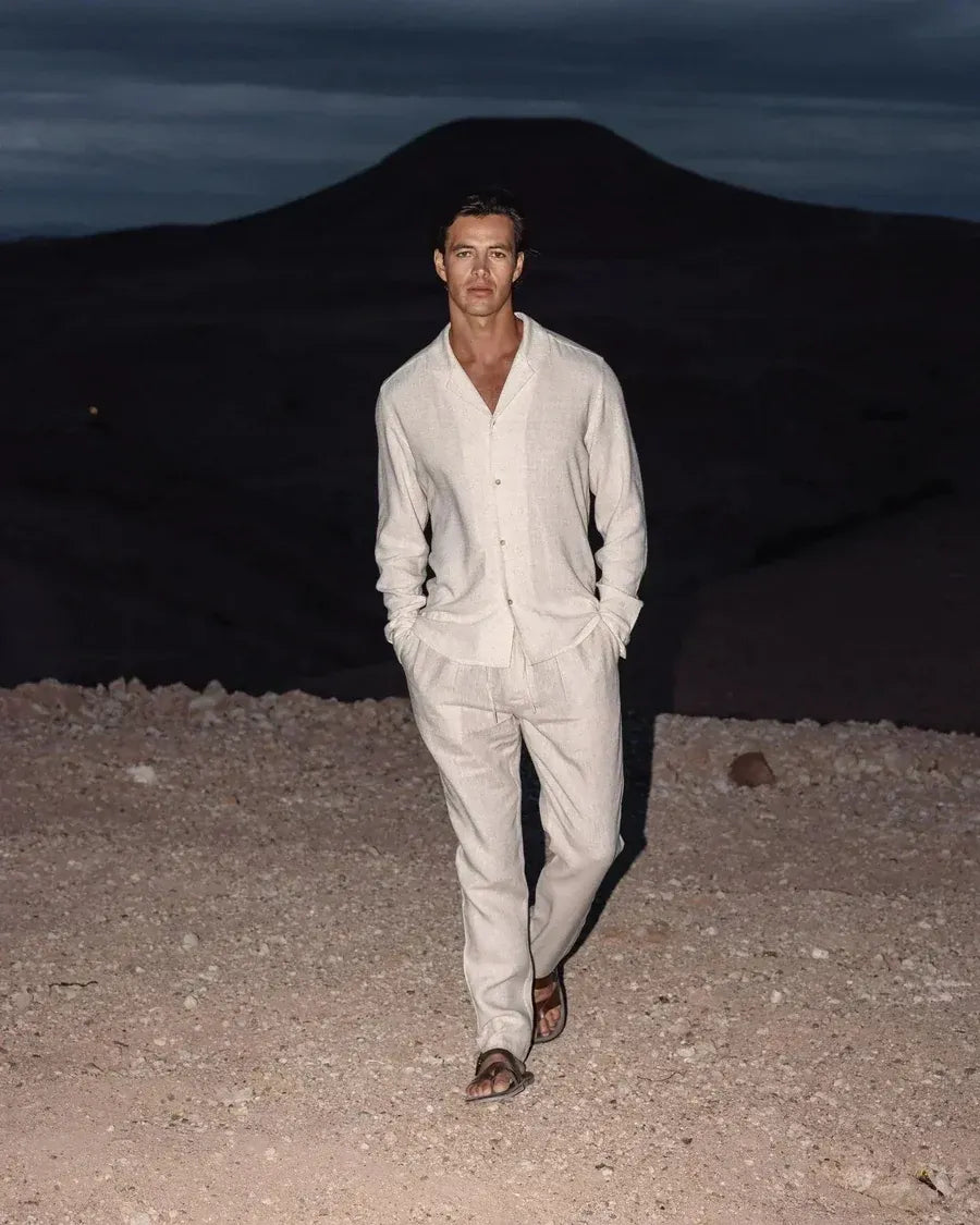 Rowan | Men's Linen Set Cream Camp Collar Shirt Lounge Pants