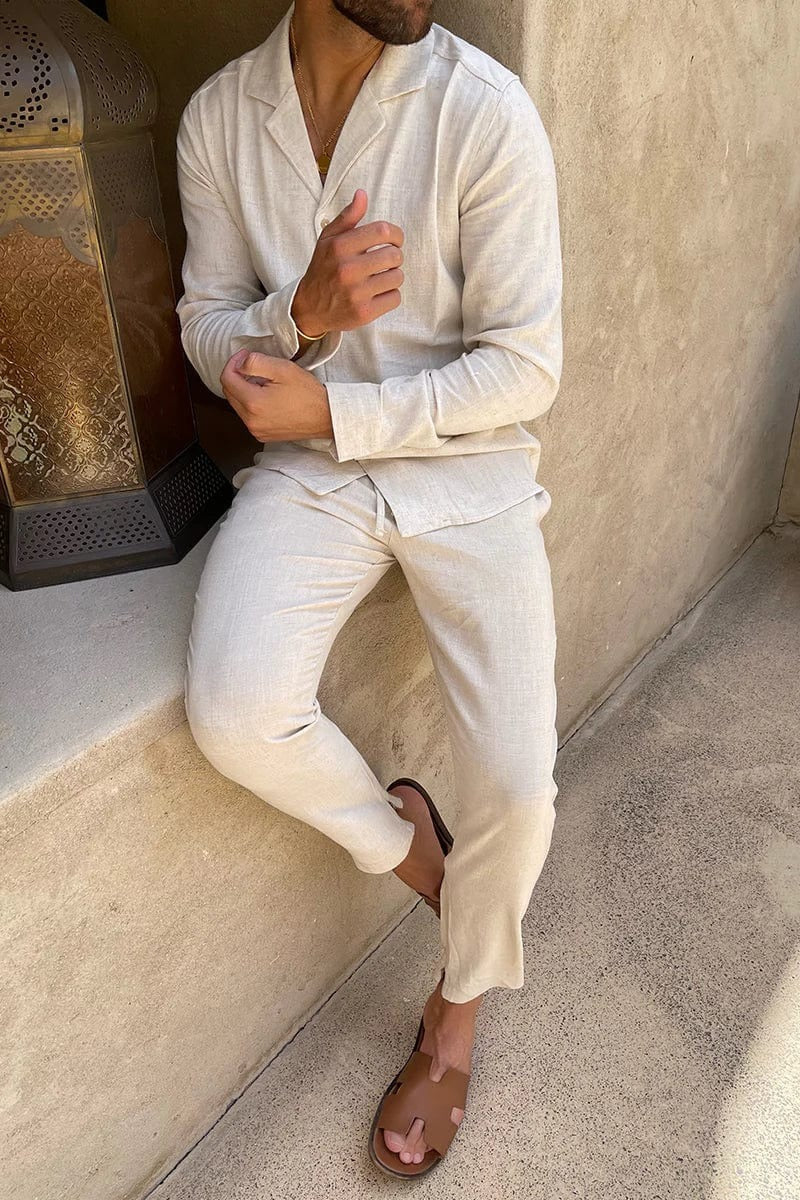 Rowan | Men's Linen Set Cream Camp Collar Shirt Lounge Pants