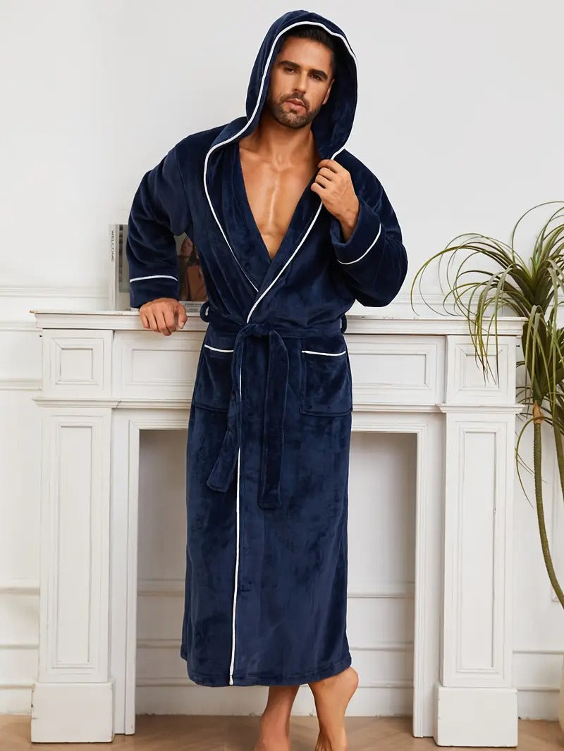 Voss | Men's Hooded Velour Robe Gray Long Sleeve