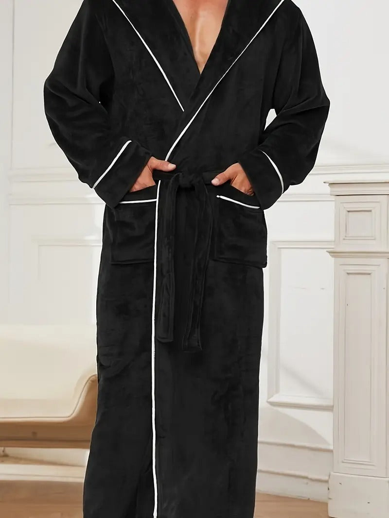 Jude | Men's Hooded Fleece Robe Black Long Bathrobe