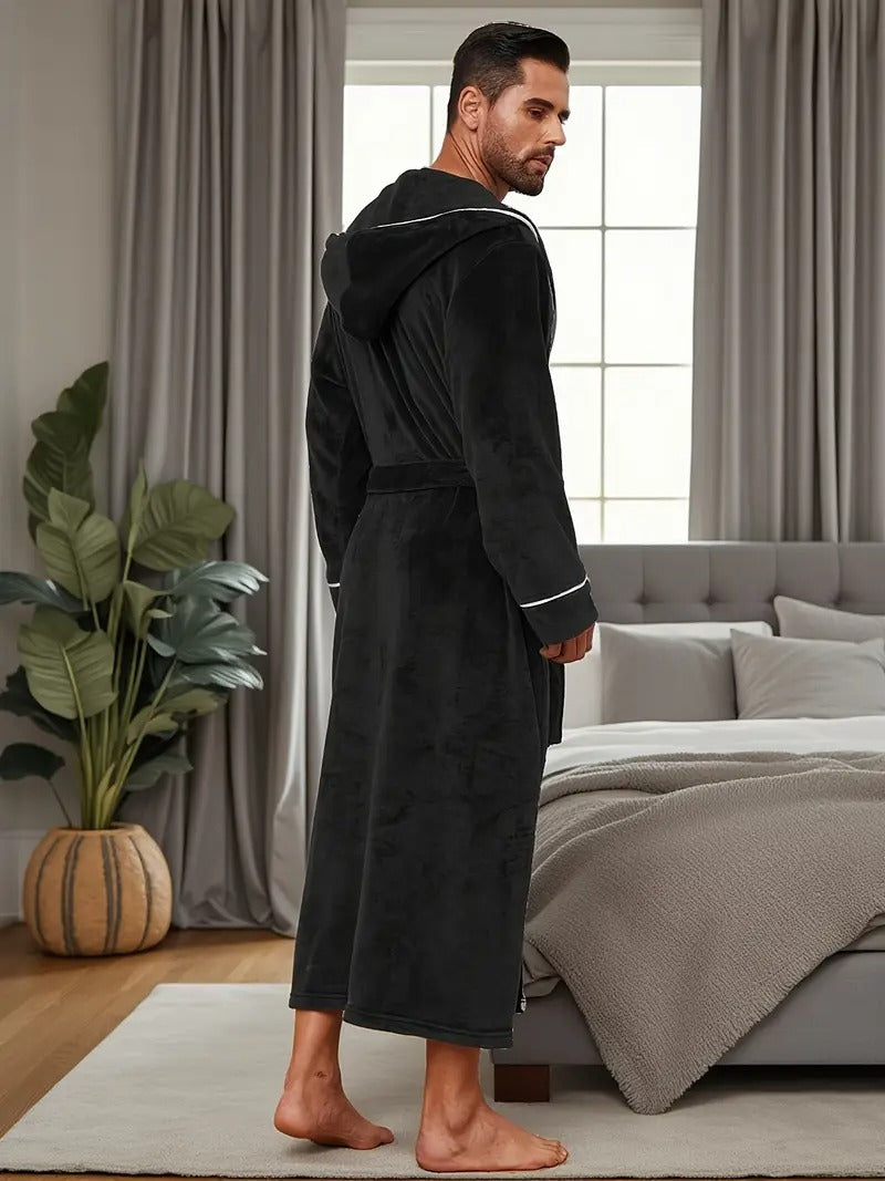Jude | Men's Hooded Fleece Robe Black Long Bathrobe
