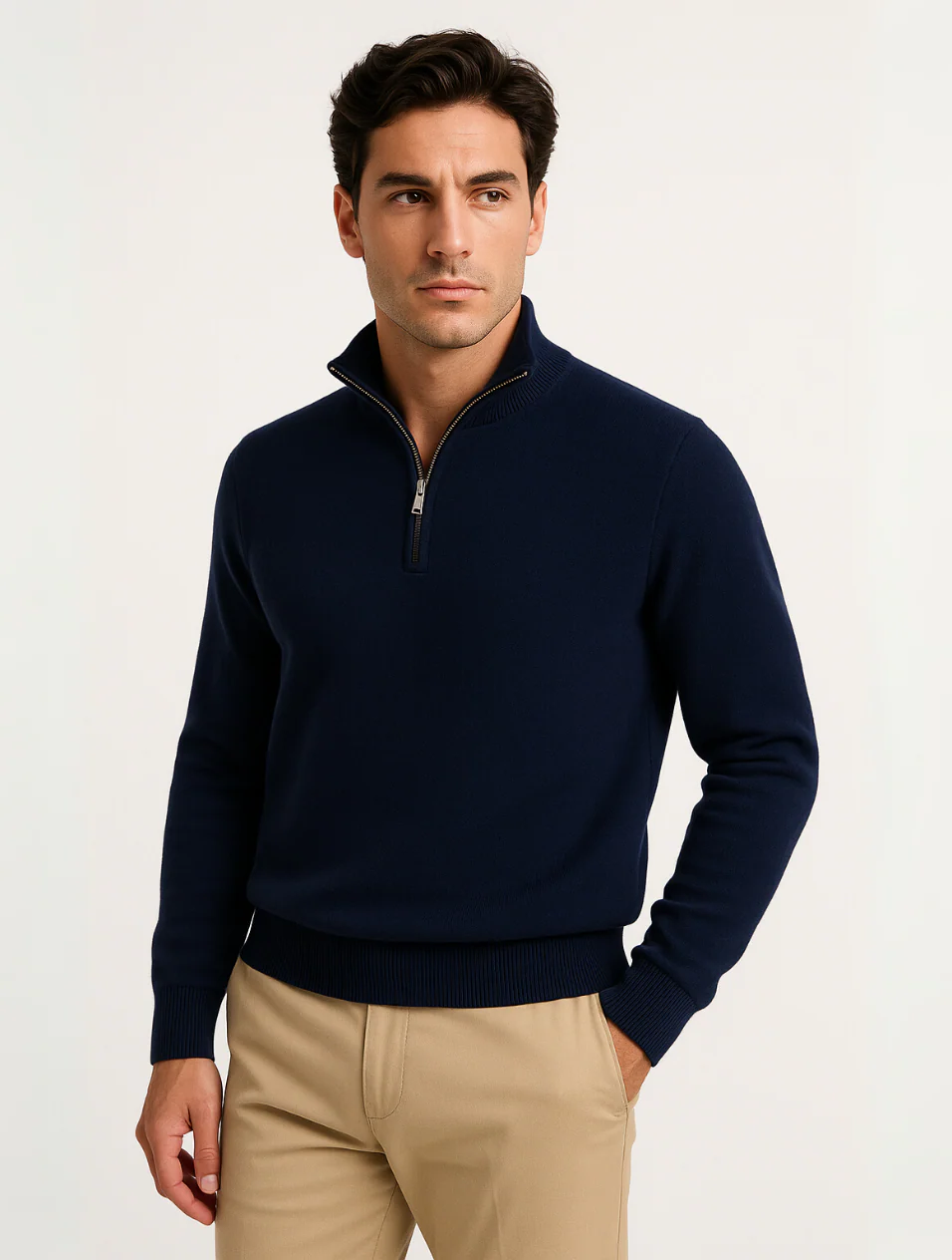 Axel | Men's Quarter Zip Sweater Cream Ribbed Collar