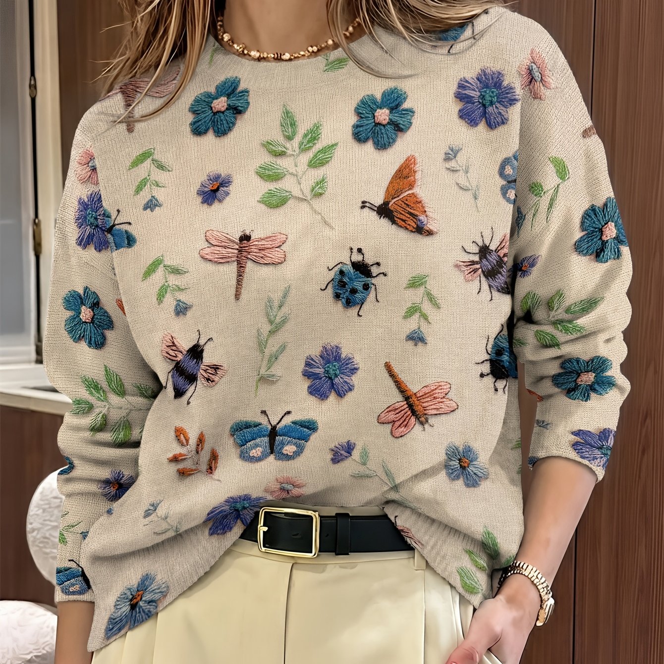 Lola | Women's Embroidered Floral Knit Sweater Cream Long Sleeve