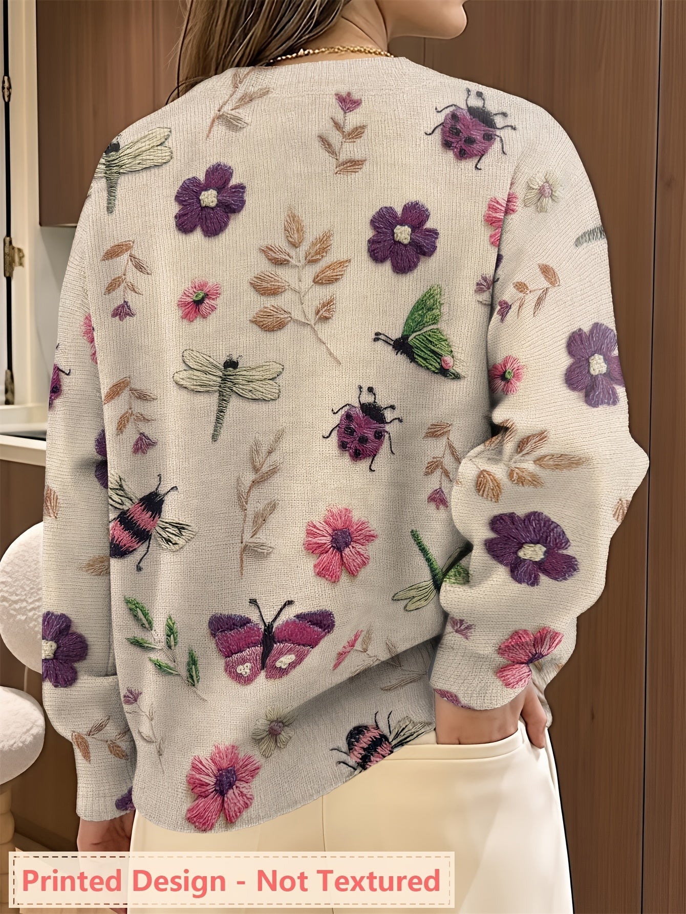 Lola | Women's Embroidered Floral Knit Sweater Cream Long Sleeve