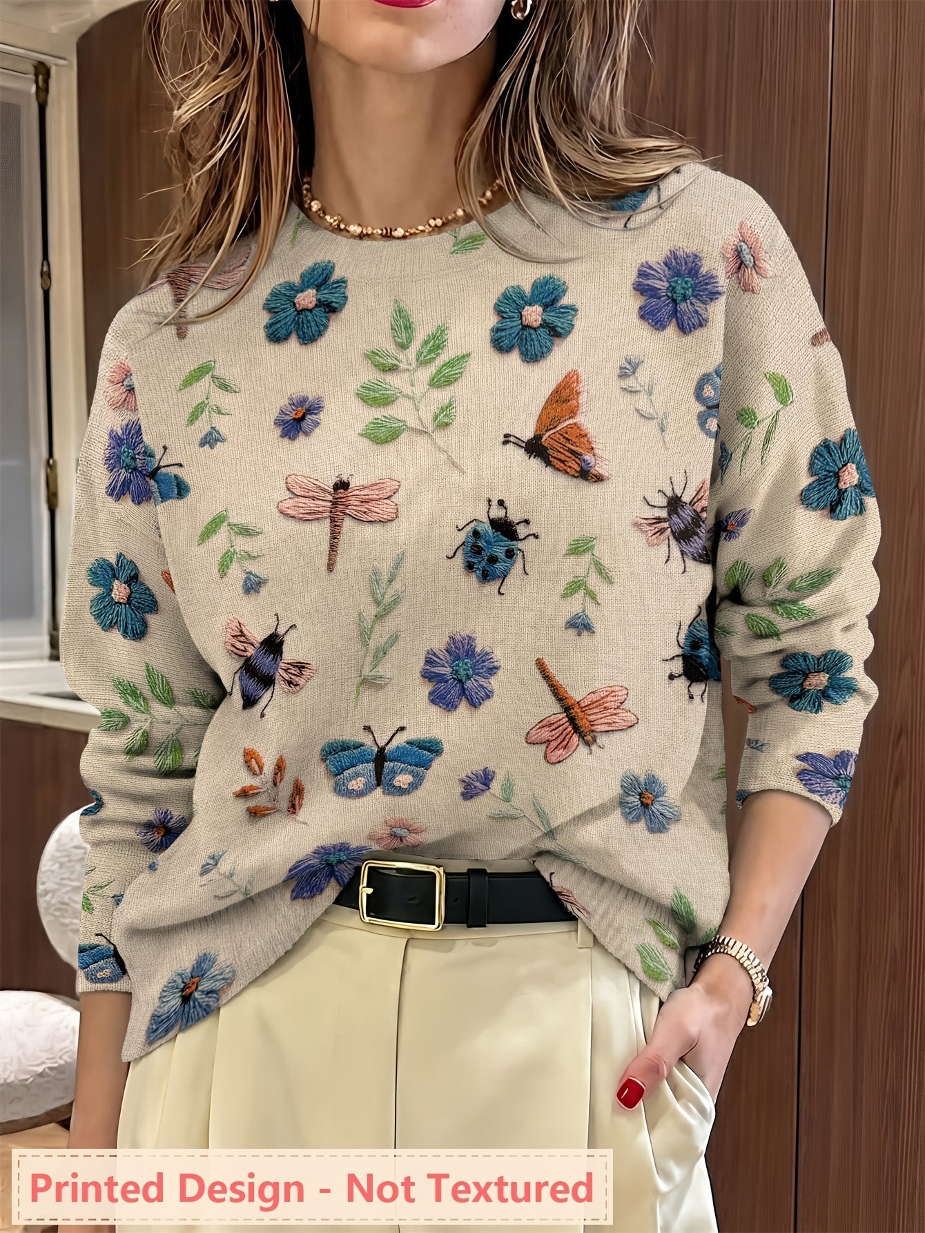 Lola | Women's Embroidered Floral Knit Sweater Cream Long Sleeve