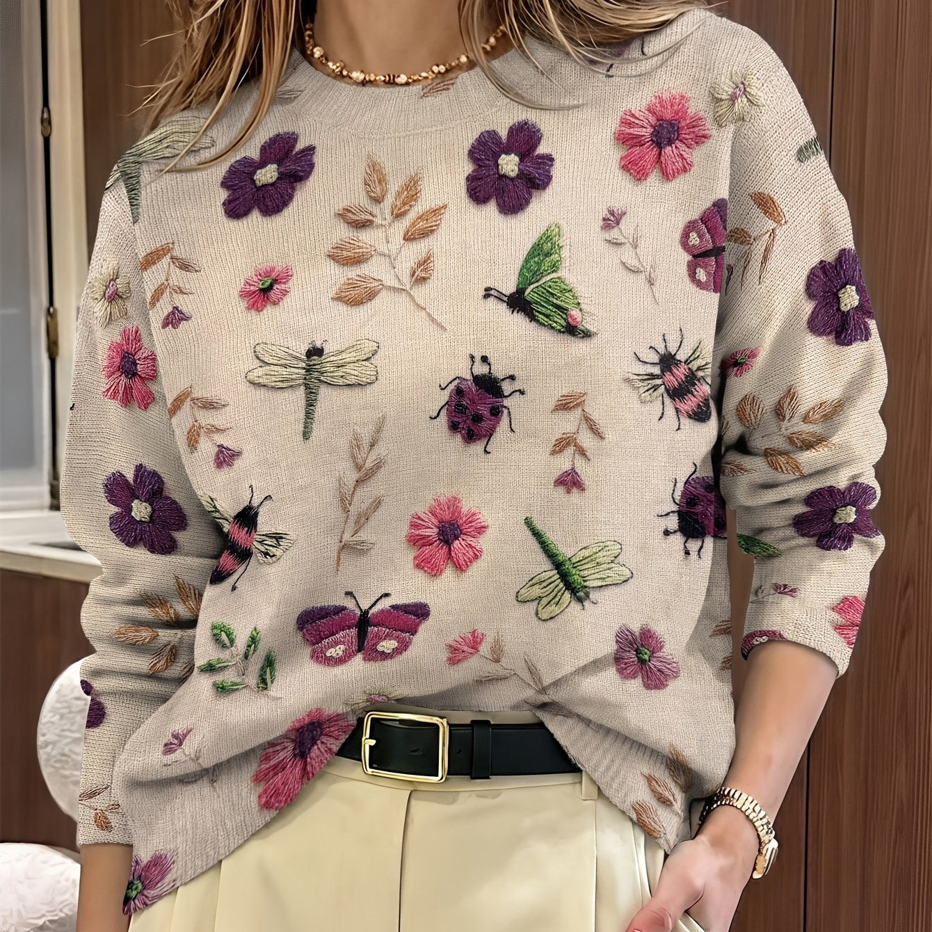 Lola | Women's Embroidered Floral Knit Sweater Cream Long Sleeve