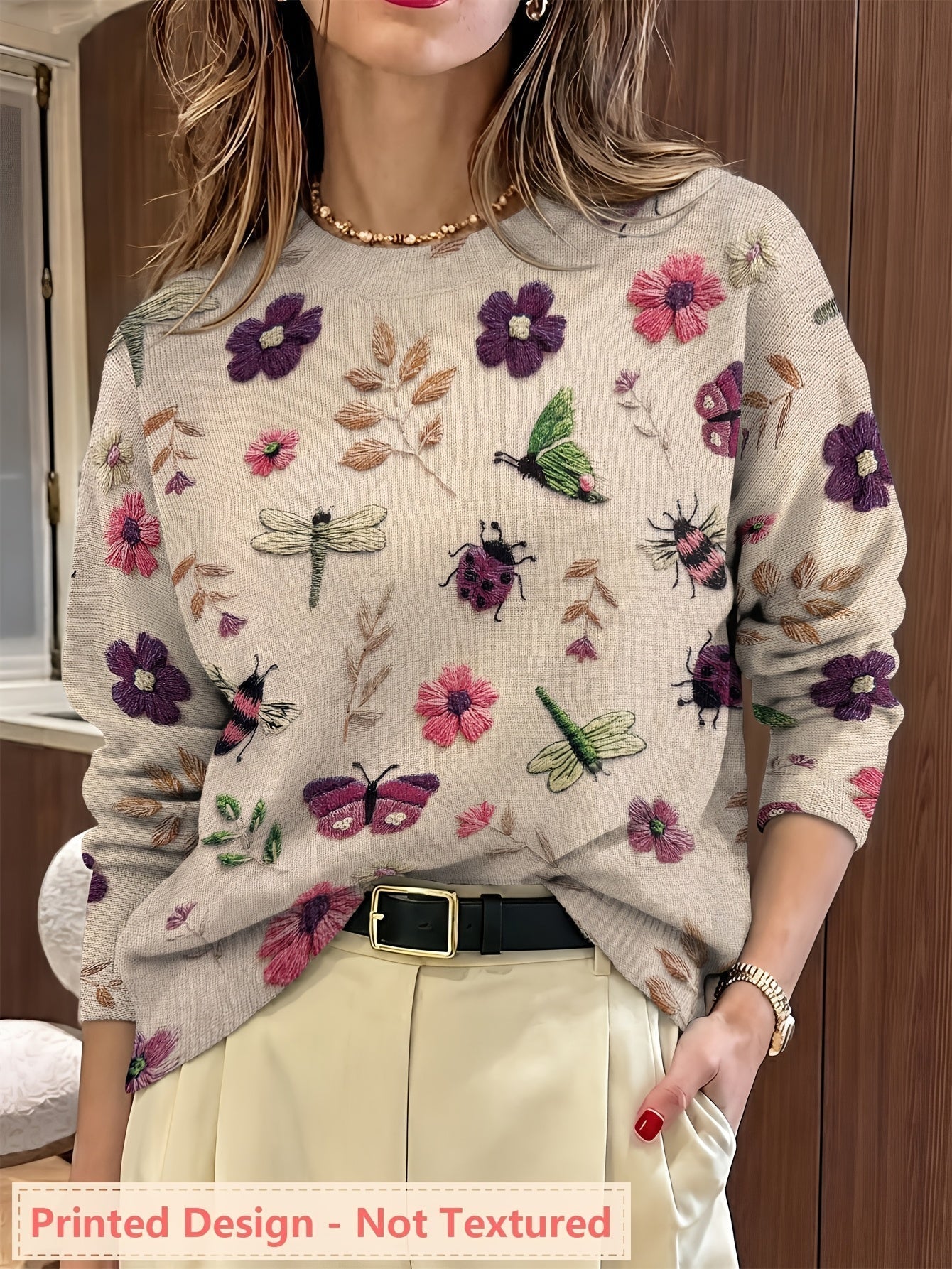 Lola | Women's Embroidered Floral Knit Sweater Cream Long Sleeve
