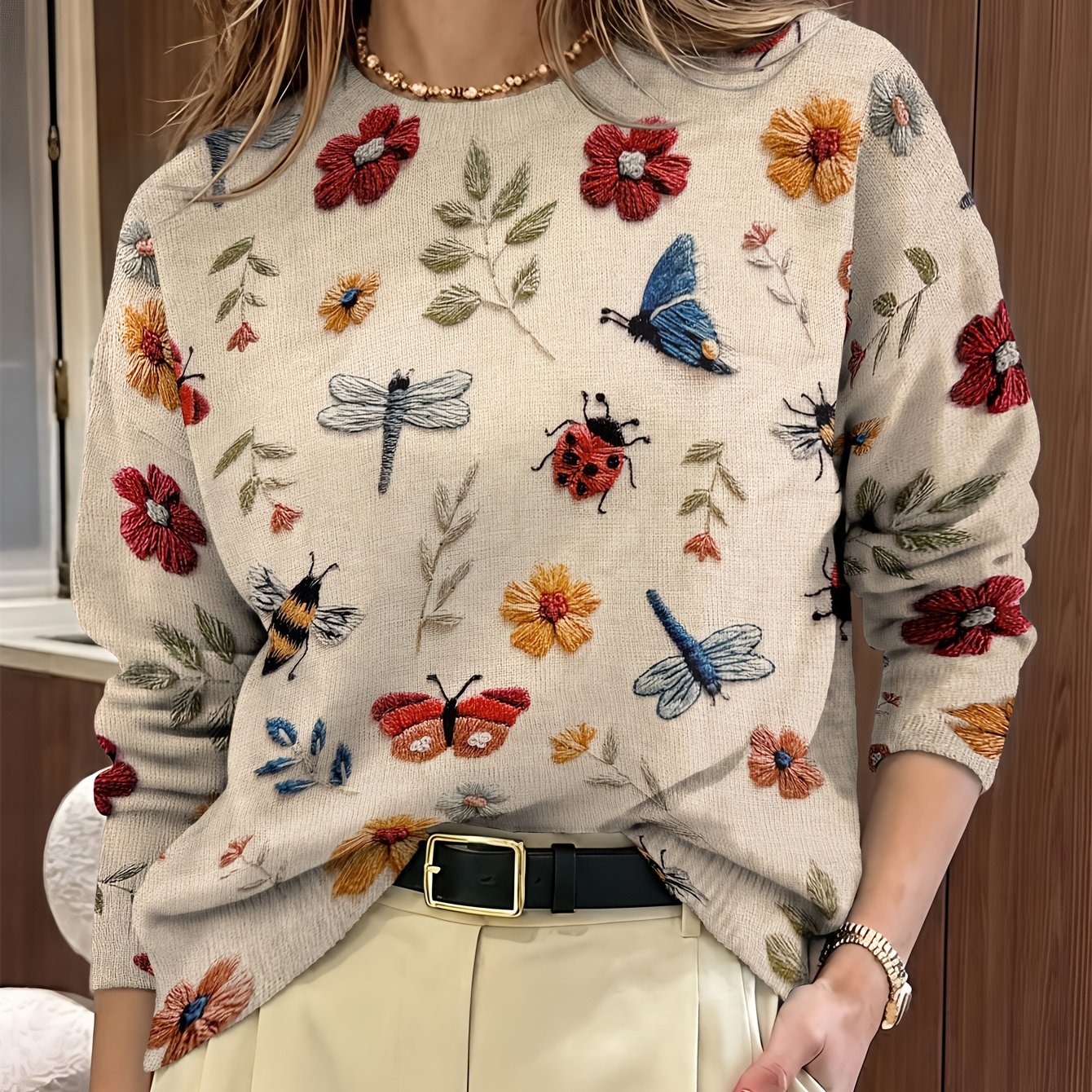 Lola | Women's Embroidered Floral Knit Sweater Cream Long Sleeve