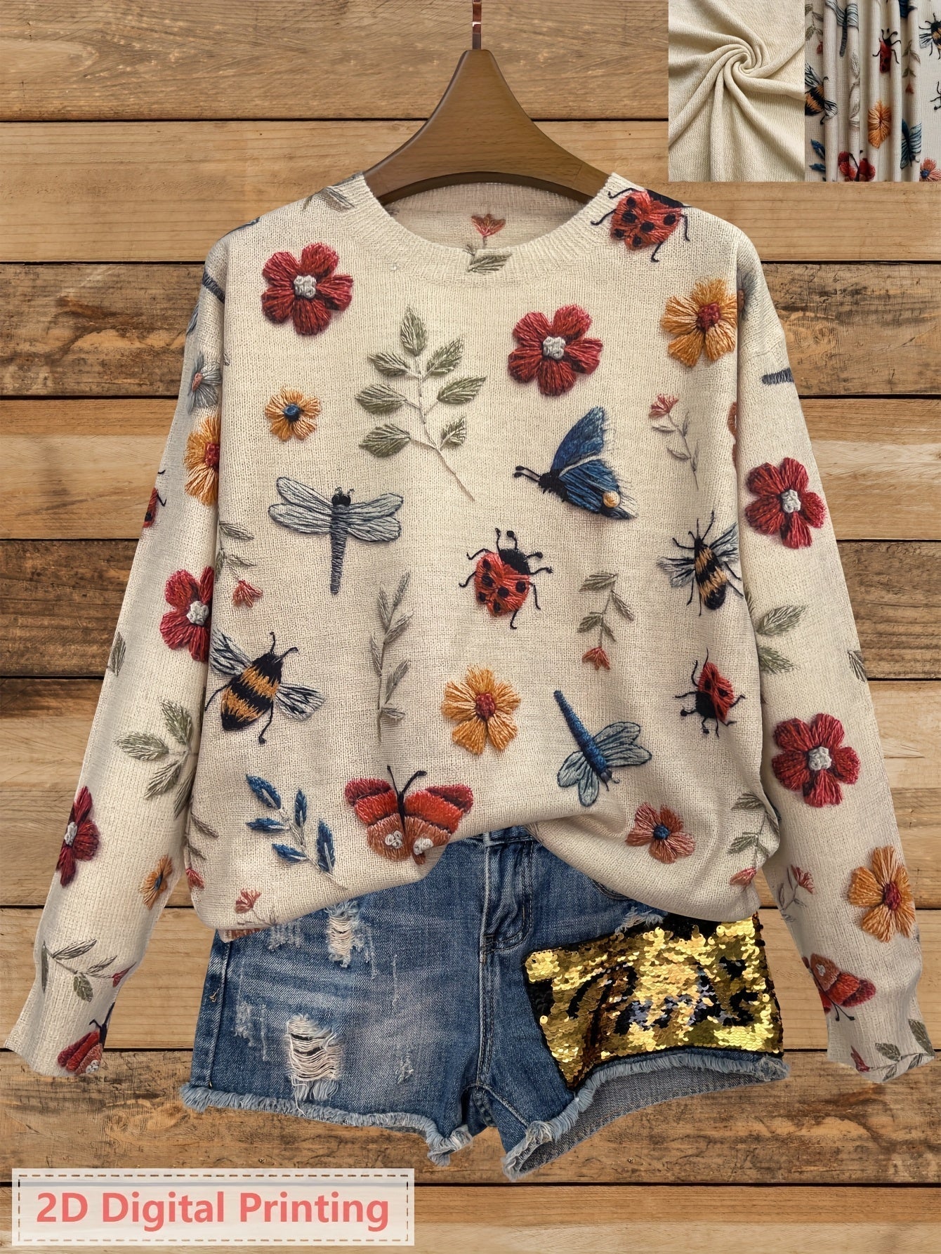 Lola | Women's Embroidered Floral Knit Sweater Cream Long Sleeve