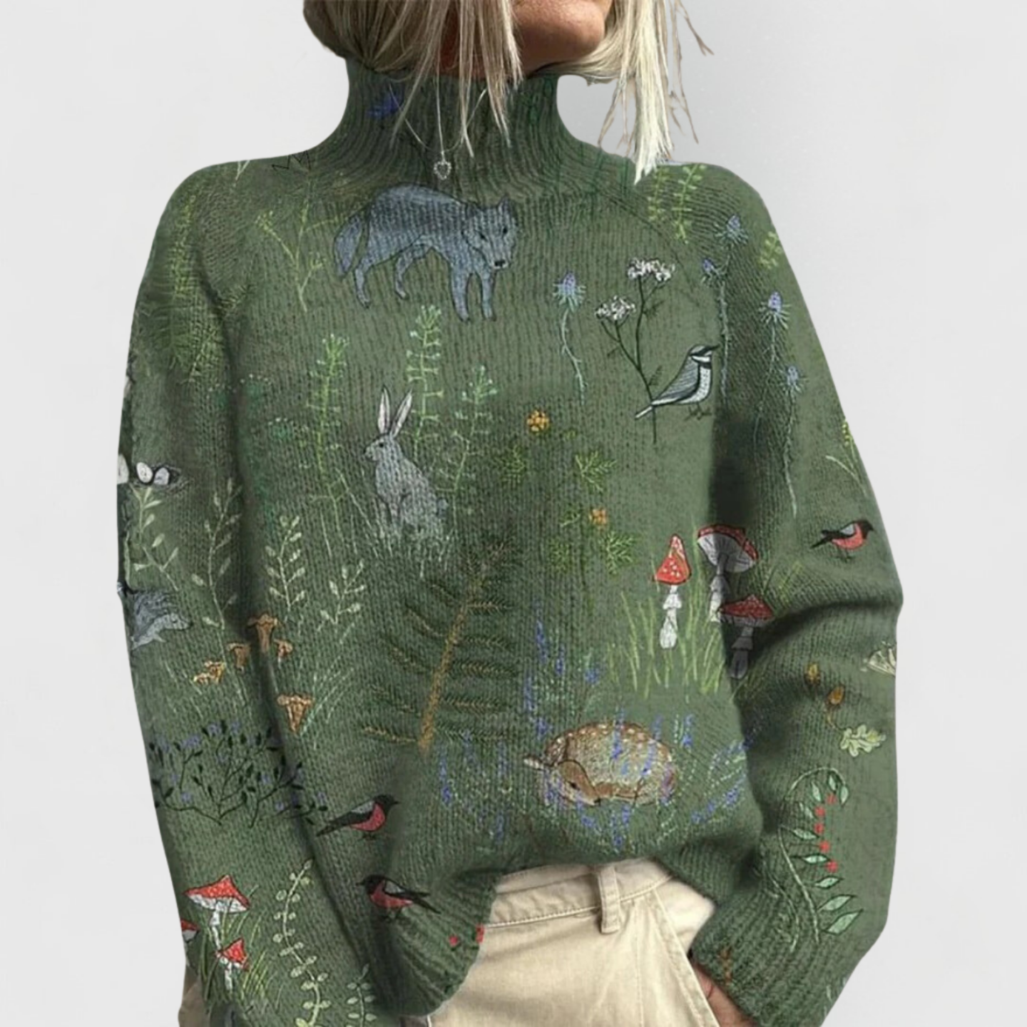 Alma | Women's Cottagecore Turtleneck Sweater Green Woodland Print