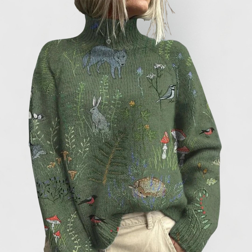 Dama Washington Alma women's cottagecore turtleneck sweater green woodland print - front view