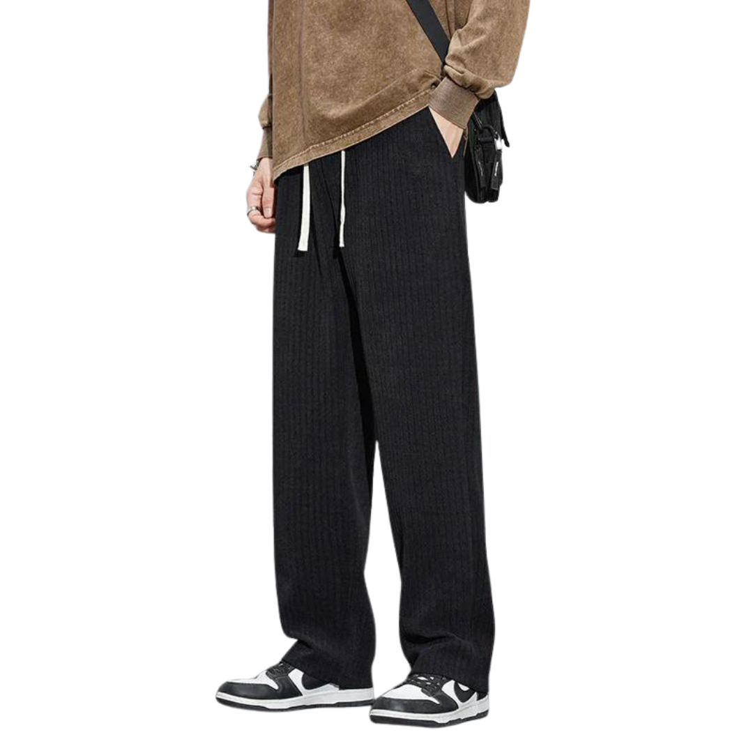 Vance | Men's Wide Leg Pants Black Ribbed Drawstring