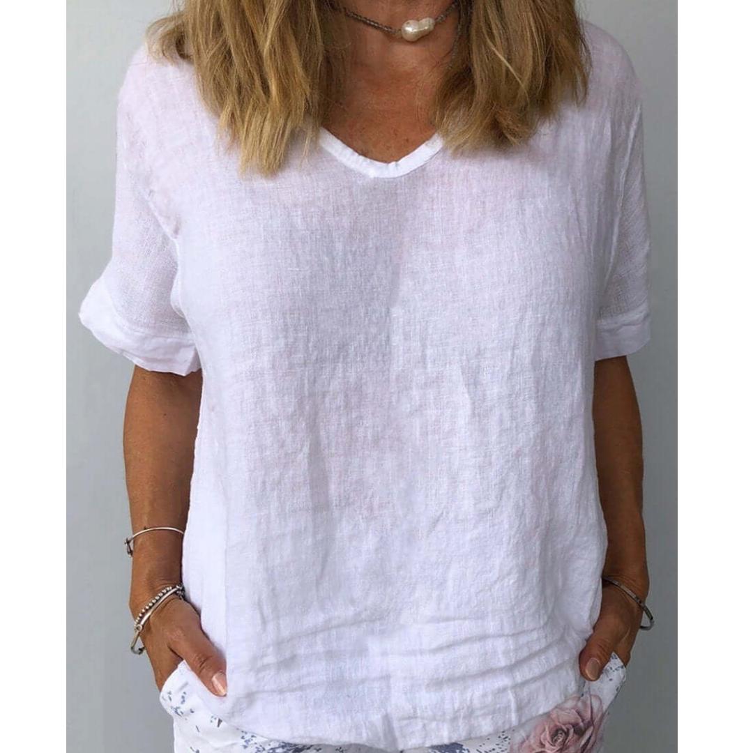 Cleo | Women's Linen Top Light Blue V Neck Short Sleeve