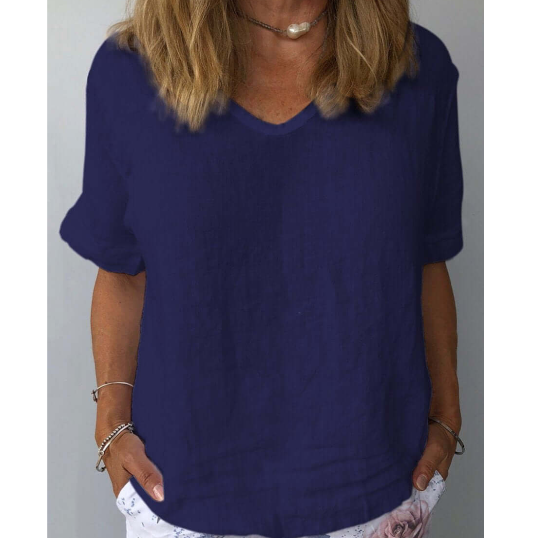 Cleo | Women's Linen Top Light Blue V Neck Short Sleeve