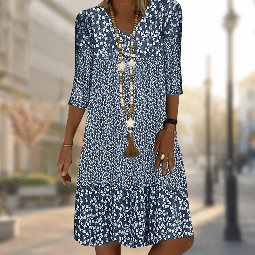 Alma | Women's Floral Casual Dress Navy White Three Quarter Sleeve