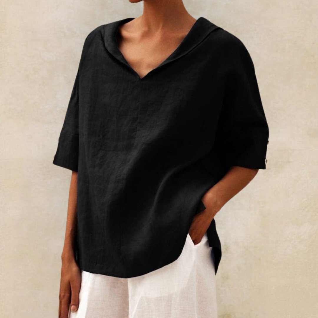 Wren | Women's Linen Shirt V Neck Cream Short Sleeve
