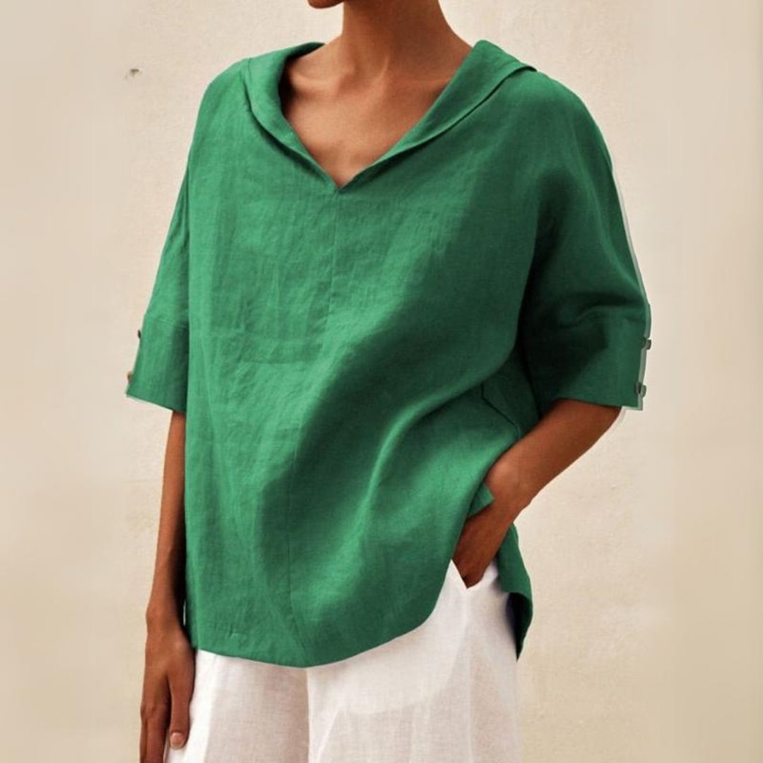 Wren | Women's Linen Shirt V Neck Cream Short Sleeve