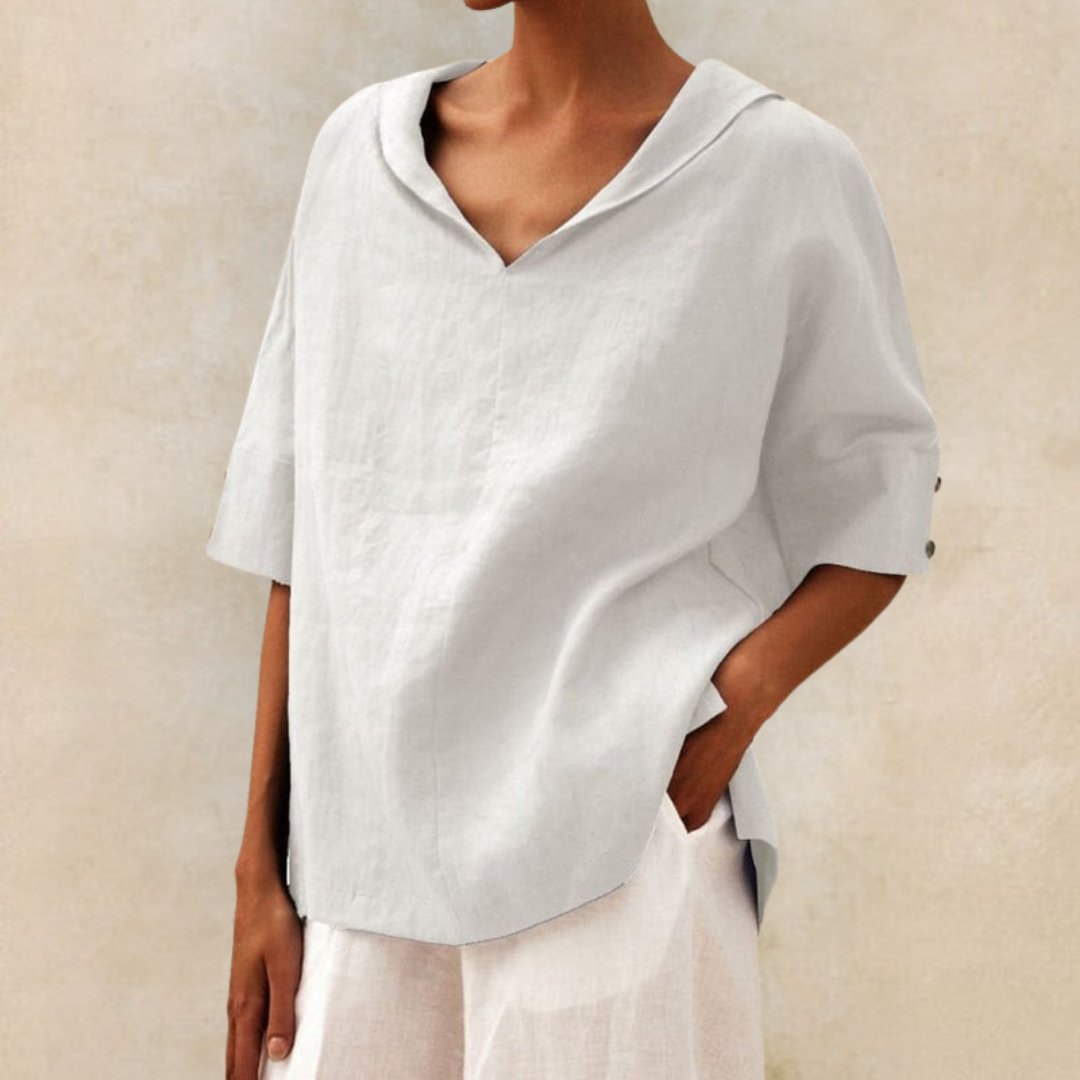 Wren | Women's Linen Shirt V Neck Cream Short Sleeve