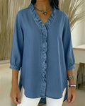 Dama Washington Isla women's denim shirt light blue ruffle v neck - front view