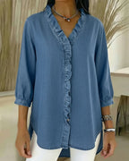 Dama Washington Isla women's denim shirt light blue ruffle v neck - front view