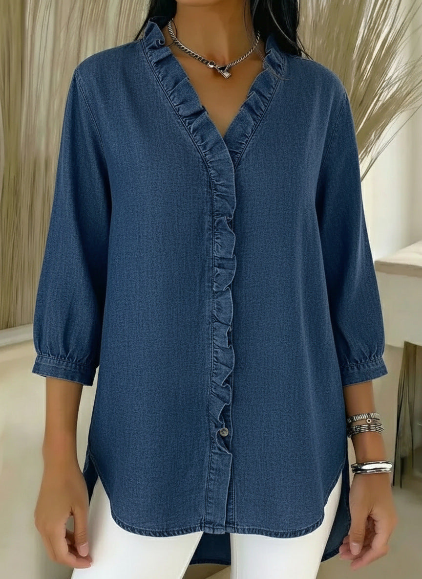 Isla | Women's Denim Shirt Light Blue Ruffle V Neck