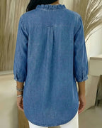 Dama Washington Isla women's denim shirt light blue ruffle v neck - view 9