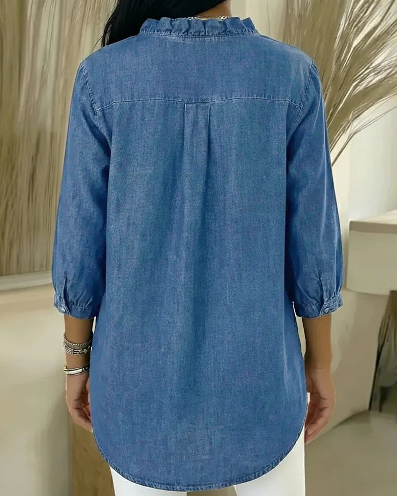 Isla | Women's Denim Shirt Light Blue Ruffle V Neck