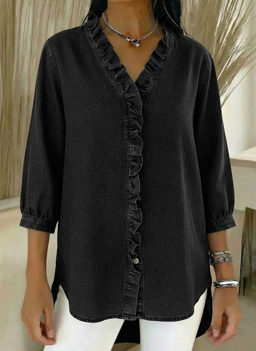 Isla | Women's Denim Shirt Light Blue Ruffle V Neck