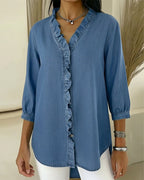 Dama Washington Isla women's denim shirt light blue ruffle v neck - view 7