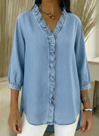 Dama Washington Isla women's denim shirt light blue ruffle v neck - view 2
