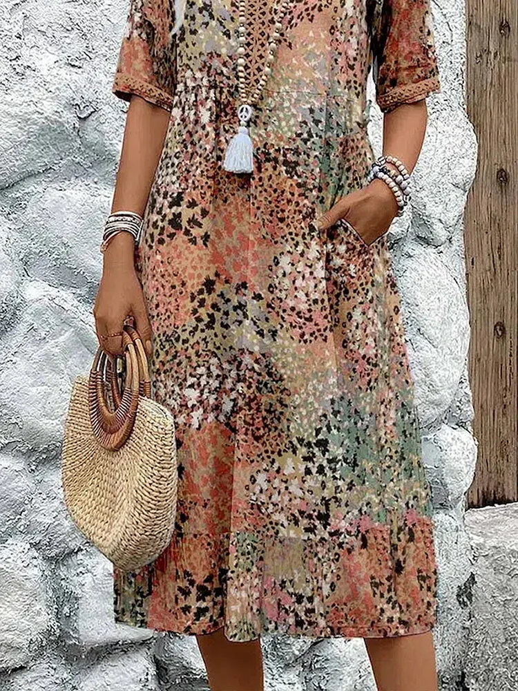 Stella | Women's Floral Midi Dress Red Three Quarter Sleeve