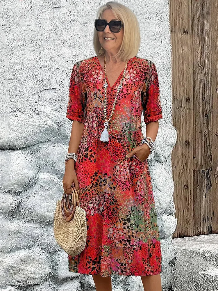Stella | Women's Floral Midi Dress Red Three Quarter Sleeve