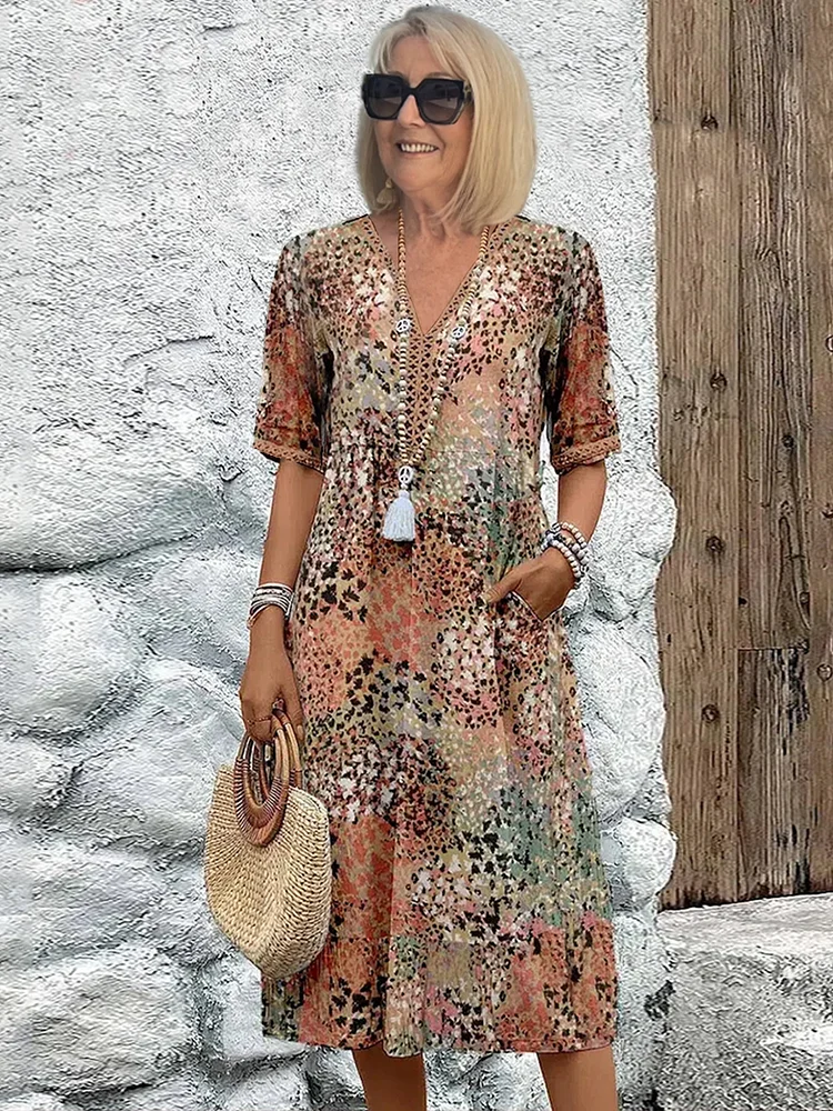 Stella | Women's Floral Midi Dress Red Three Quarter Sleeve