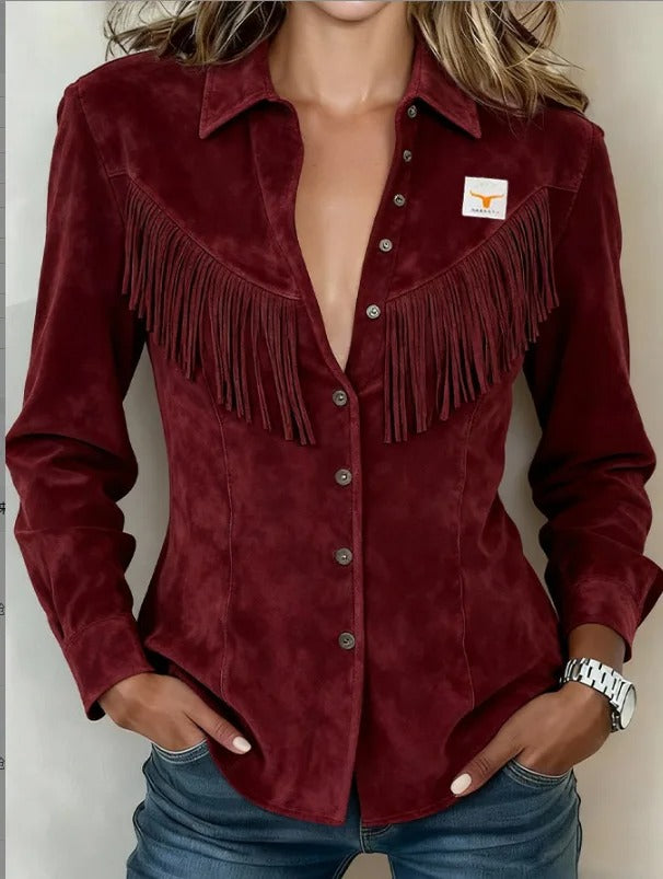 Demi | Women's Fringe Suede Shirt Jacket Rust