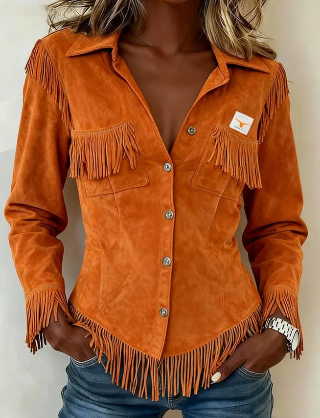 Demi | Women's Fringe Suede Shirt Jacket Rust