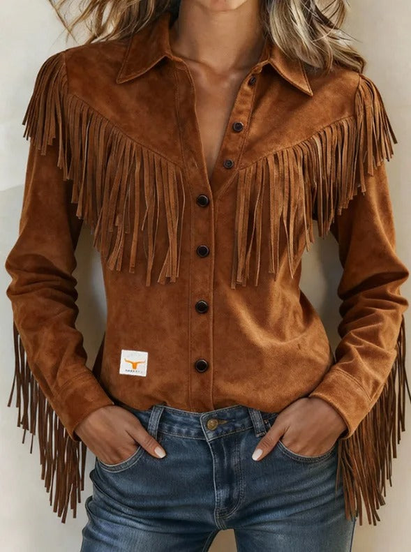 Demi | Women's Fringe Suede Shirt Jacket Rust