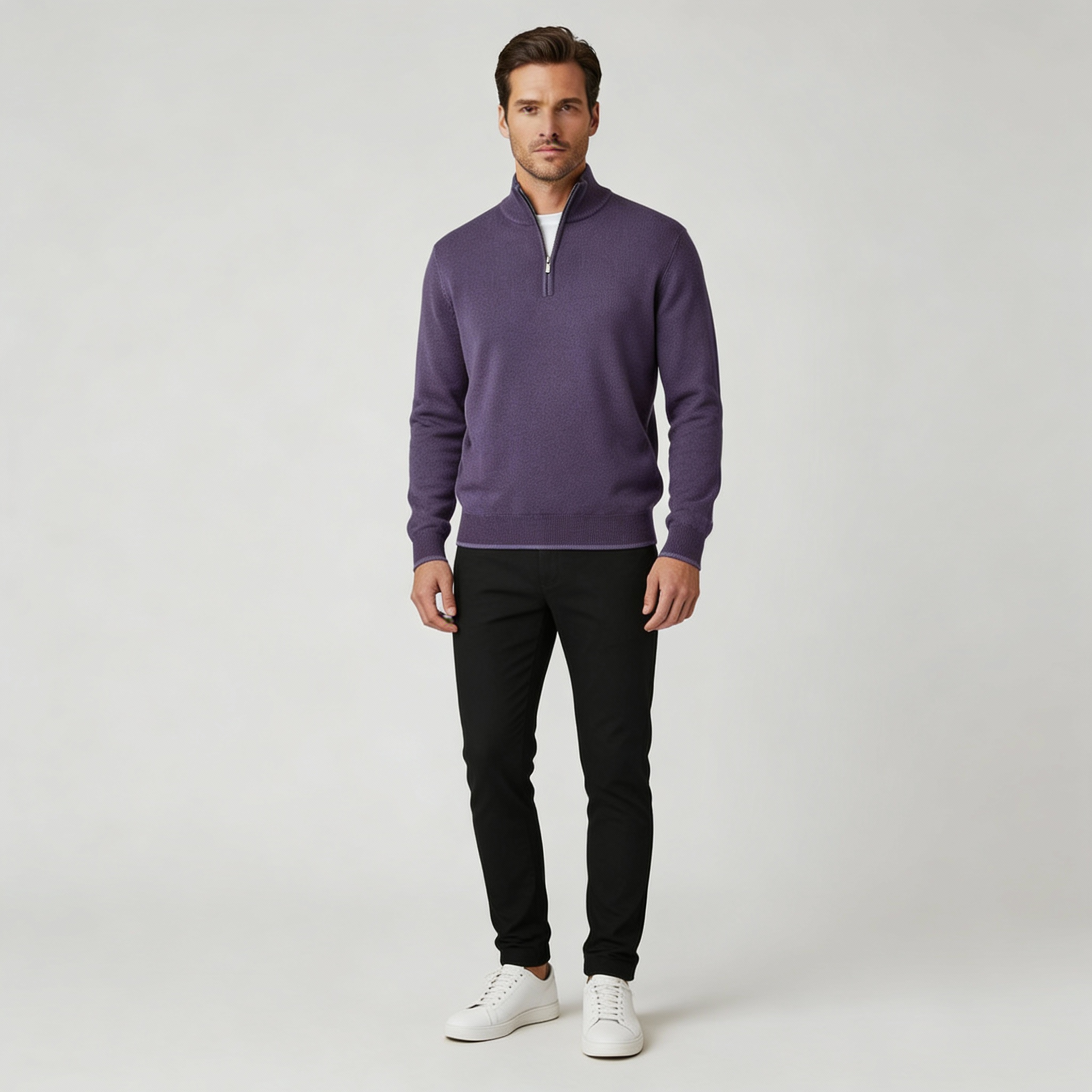 Voss | Men's Quarter Zip Sweater Purple Mock Neck