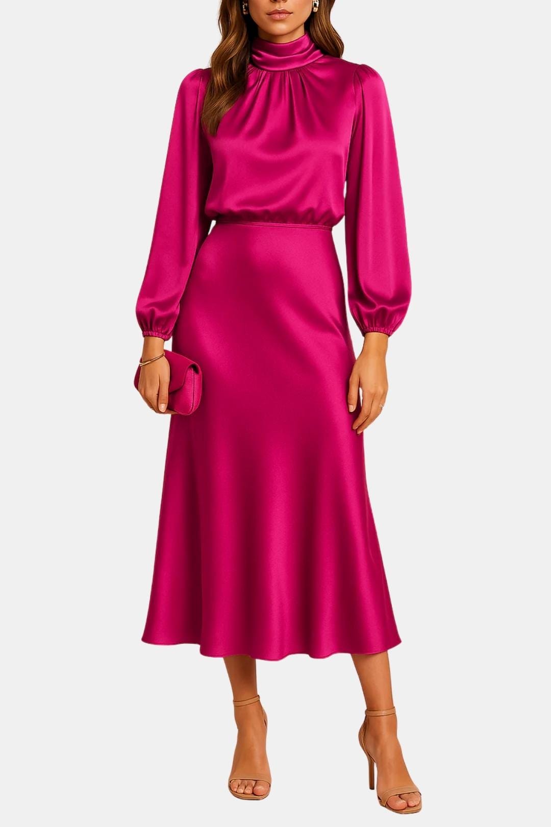 Demi | Women's Satin Maxi Dress Long Sleeve Turtleneck Pink