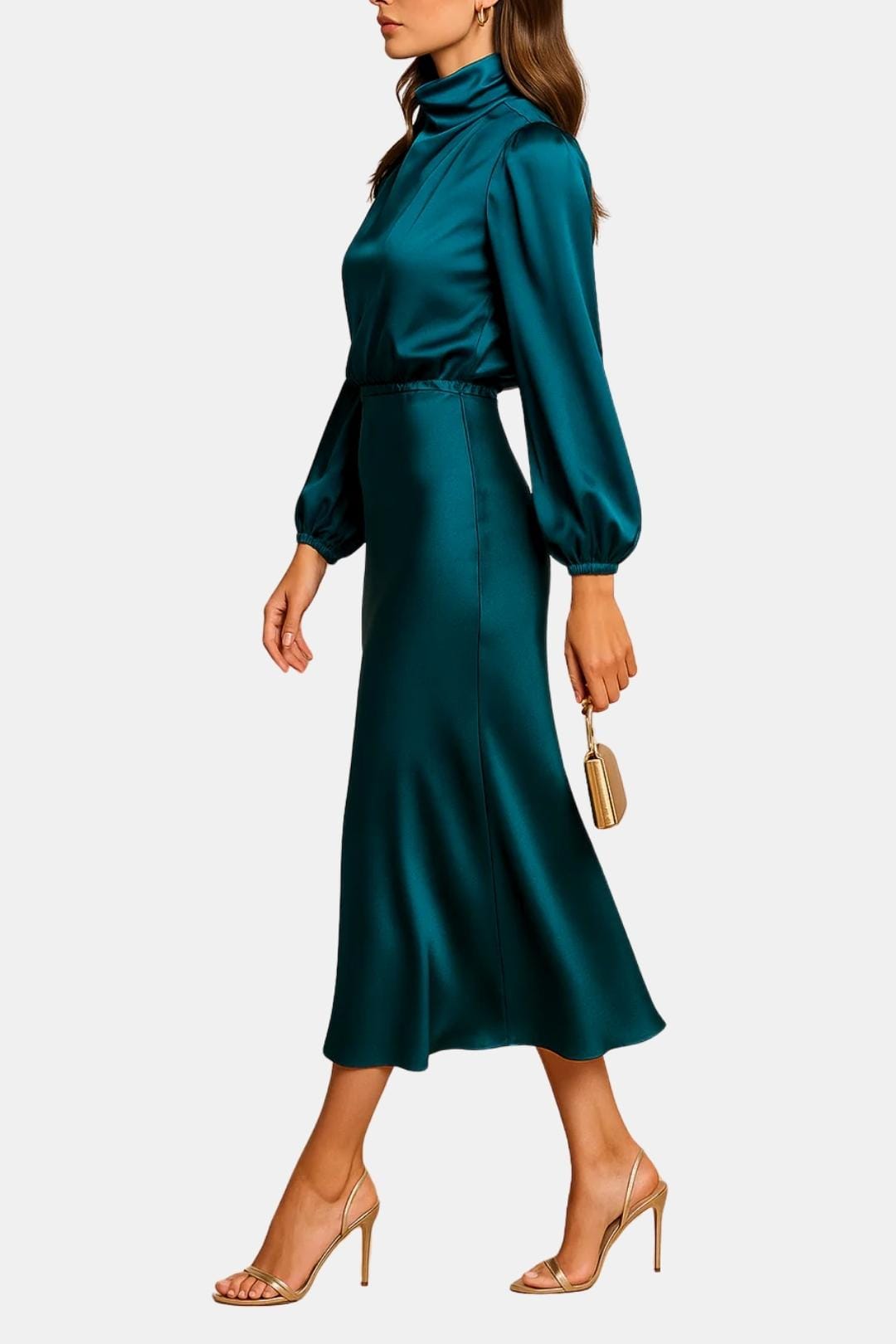 Demi | Women's Satin Maxi Dress Long Sleeve Turtleneck Pink