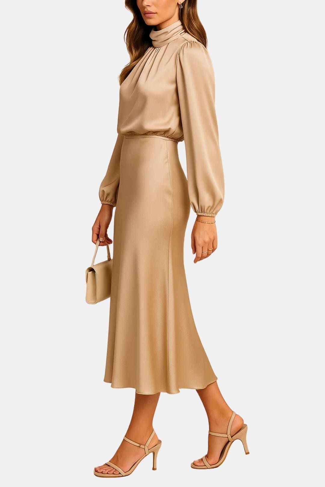 Demi | Women's Satin Maxi Dress Long Sleeve Turtleneck Pink