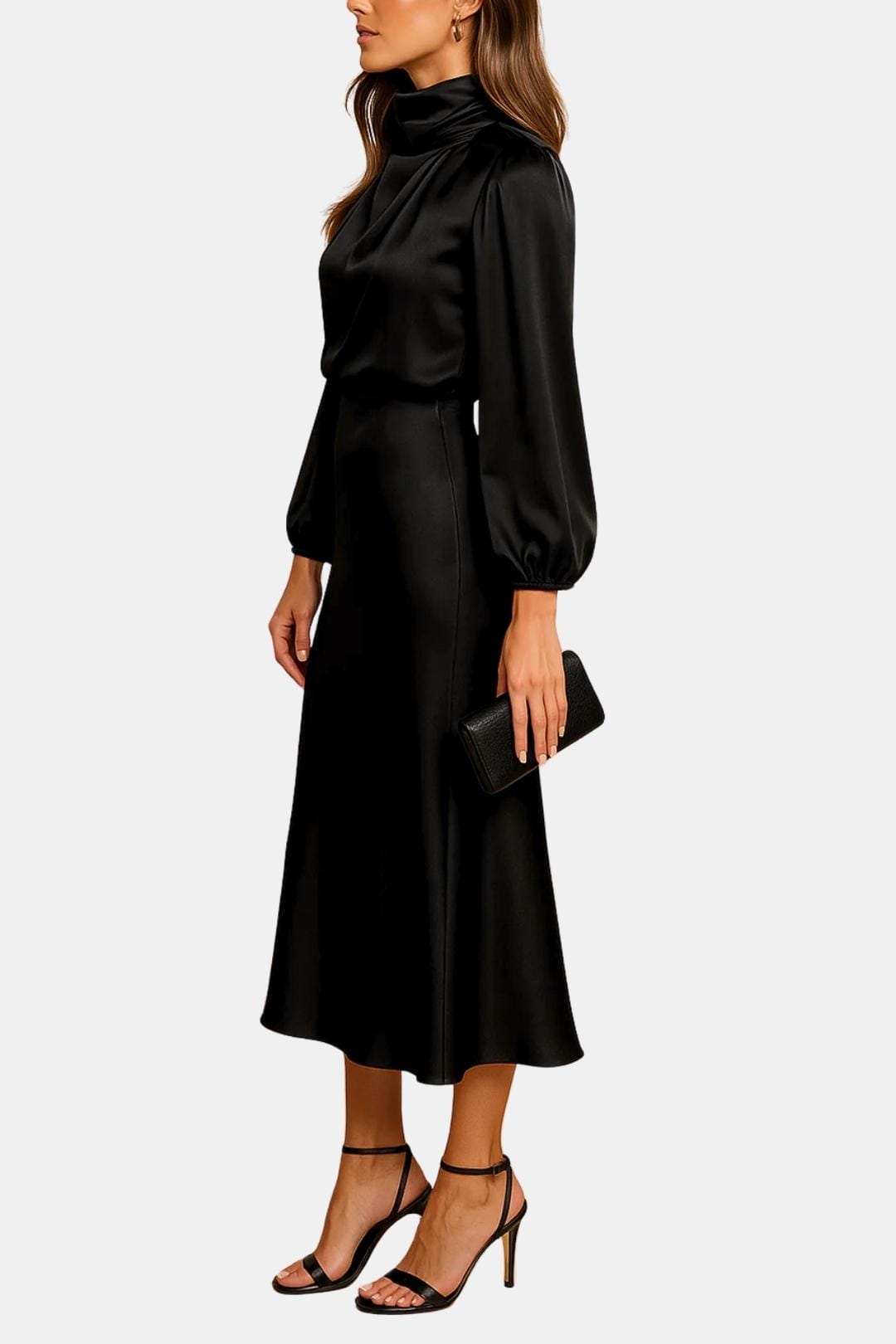 Demi | Women's Satin Maxi Dress Long Sleeve Turtleneck Pink