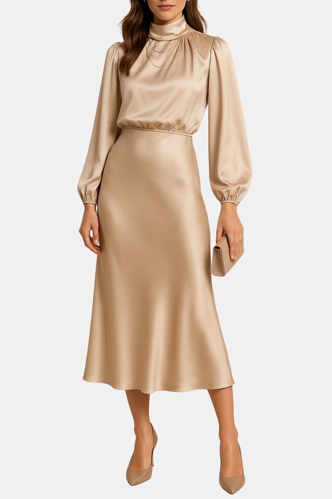 Demi | Women's Satin Maxi Dress Long Sleeve Turtleneck Pink