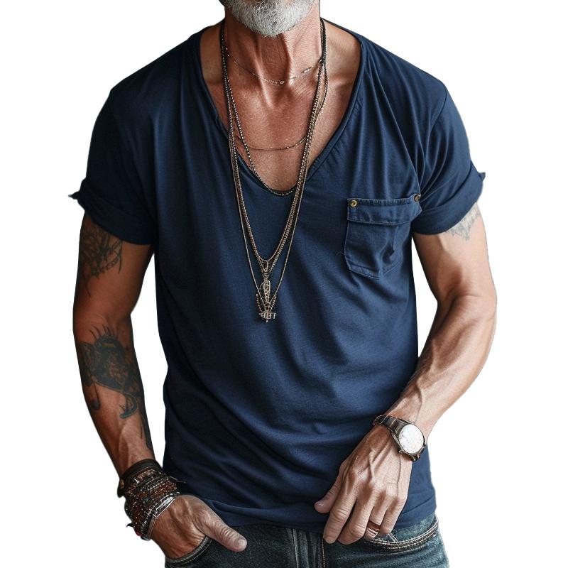 Axel | Men's V Neck T Shirt Black Chest Pocket