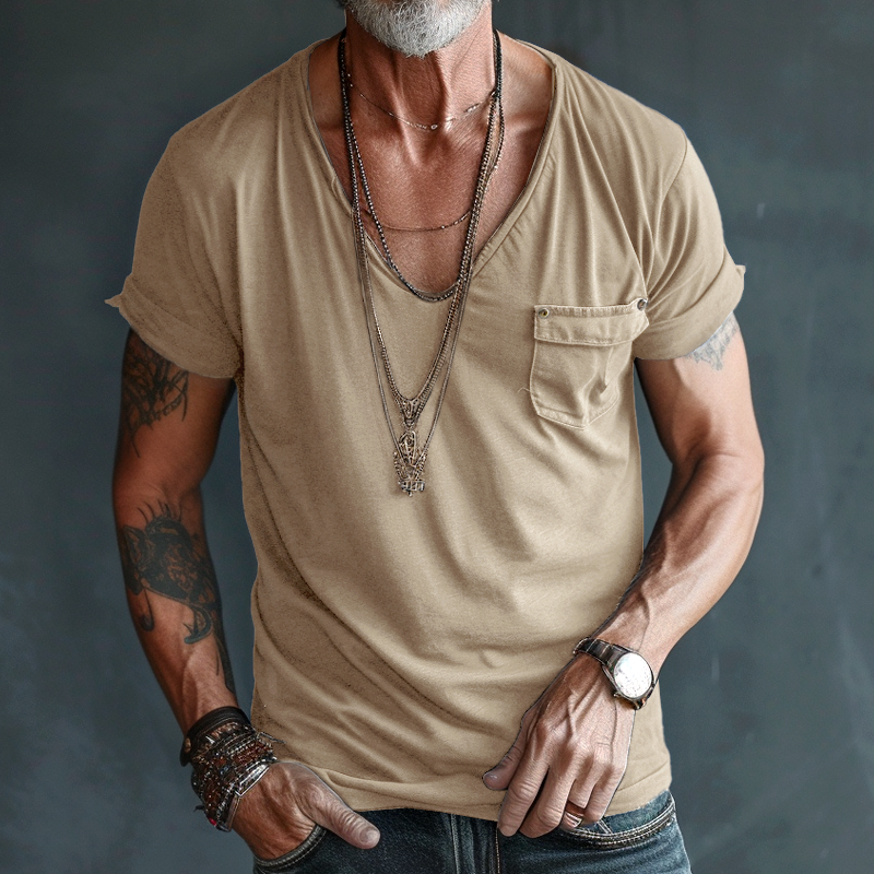 Axel | Men's V Neck T Shirt Black Chest Pocket