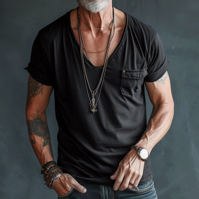 Axel | Men's V Neck T Shirt Black Chest Pocket