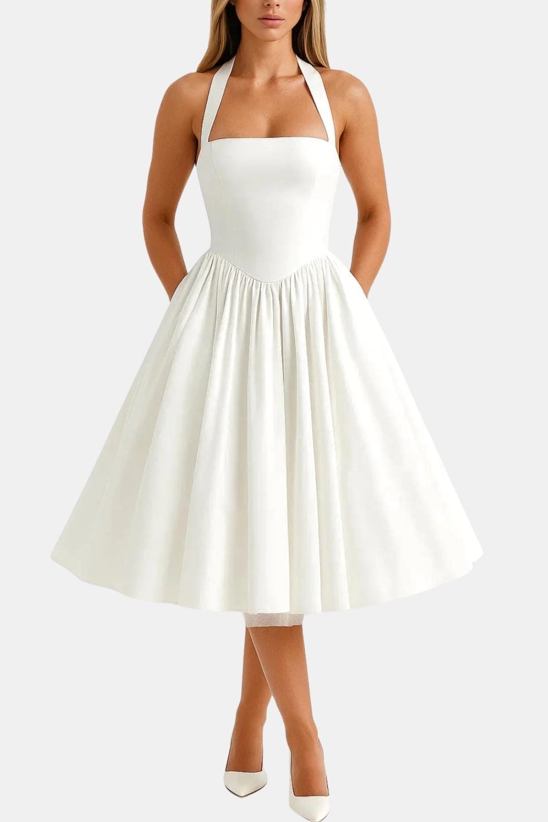 Elise | Women's Halter A Line Midi Dress Cream