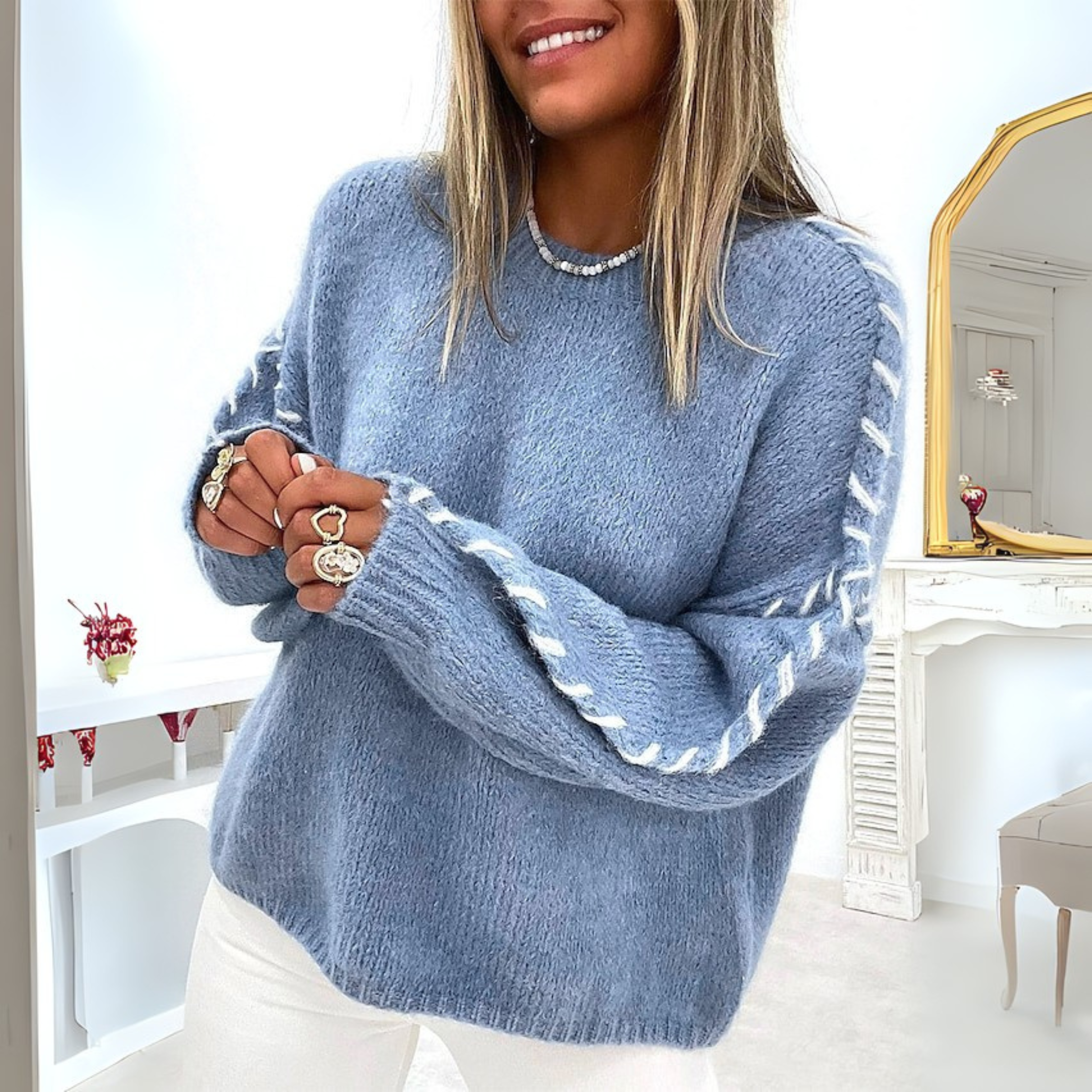 Isla | Women's Oversized Distressed Crew Neck Sweater Light Blue