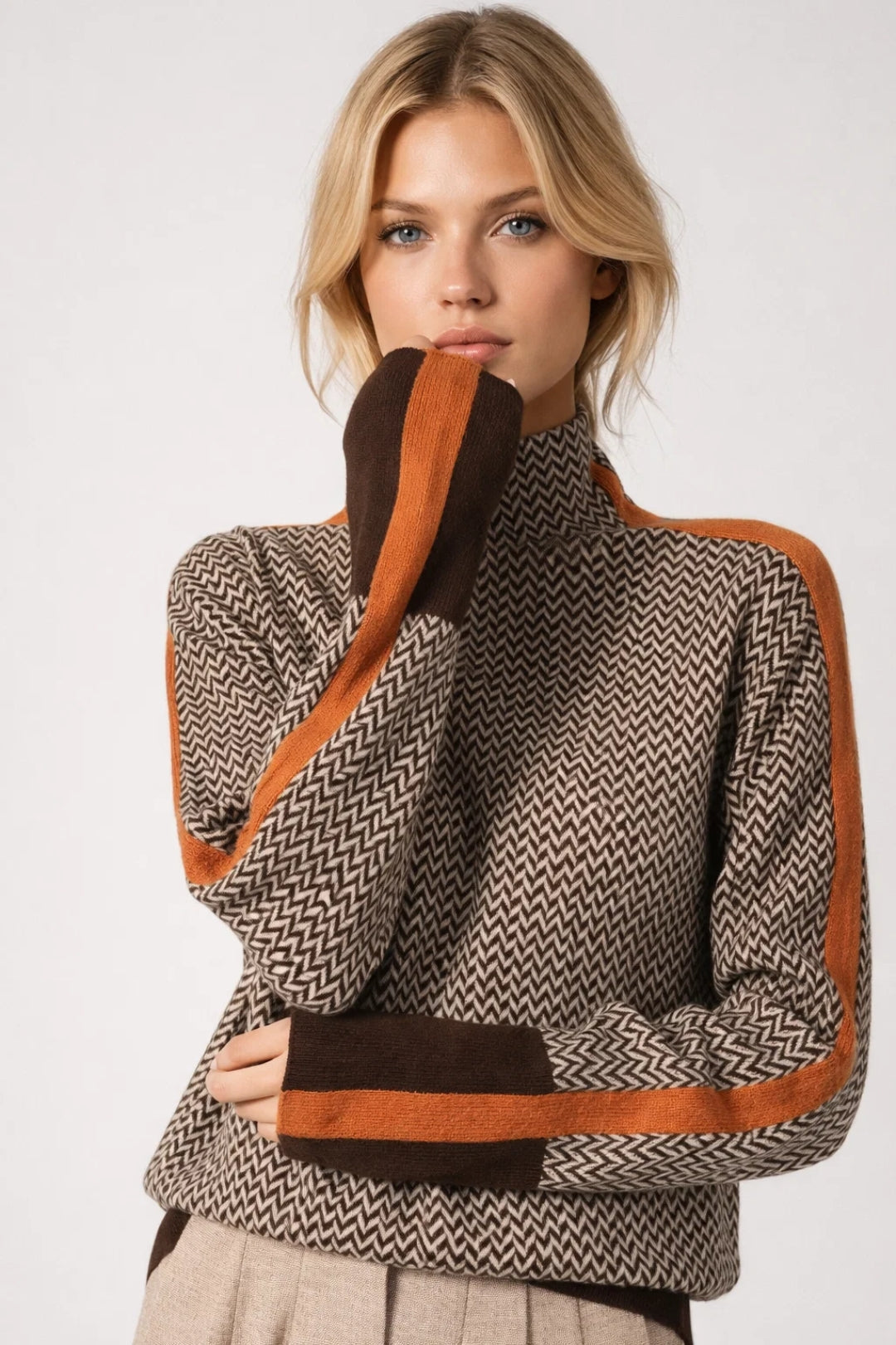 Maeve | Women's Chevron Knit Sweater Brown Orange Colorblock